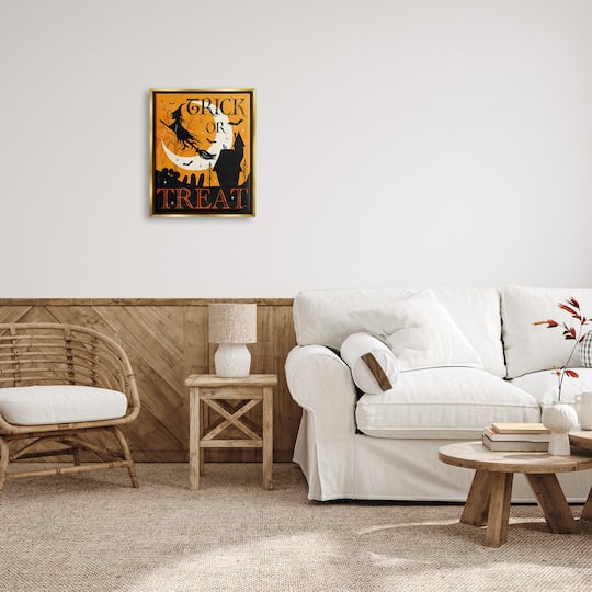 Stupell Industries Trick or Treat Halloween Witch Framed Floater Canvas Wall Art